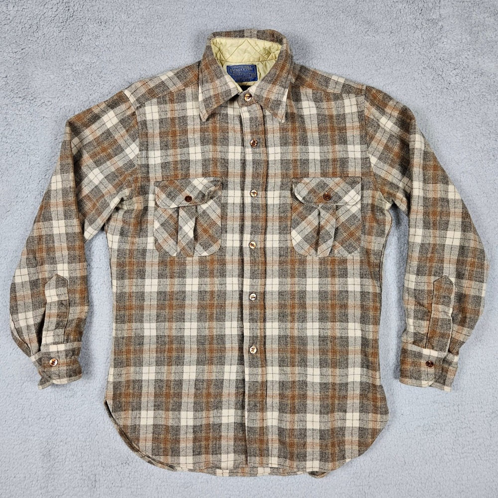 Vintage Pendleton (Men's‎ Medium) Brown Plaid Wool Flannel Button Shirt USA Made